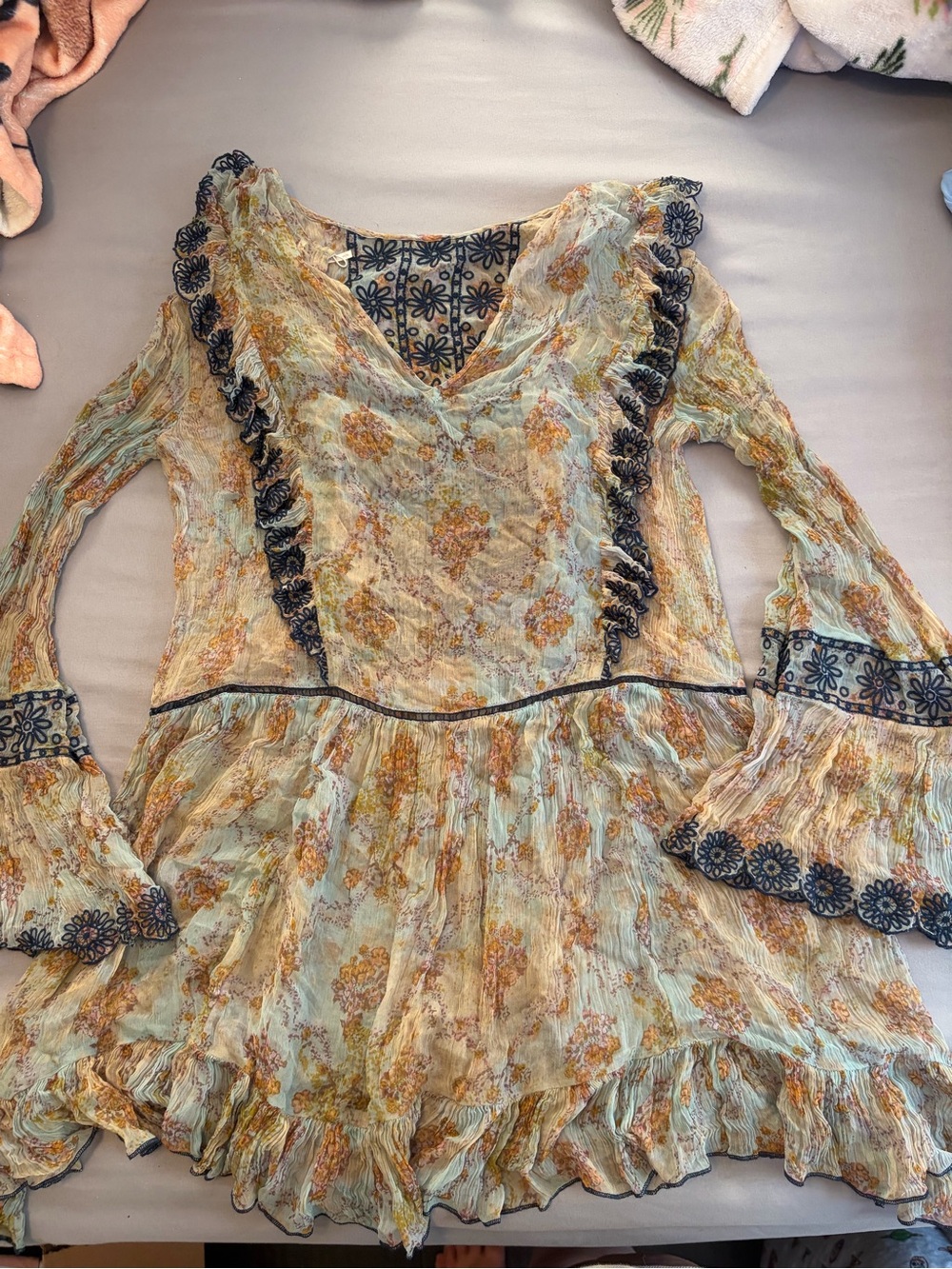 Free People Light Blue and Mustard Floral Ruffled V-Neck Long Sleeve Dress